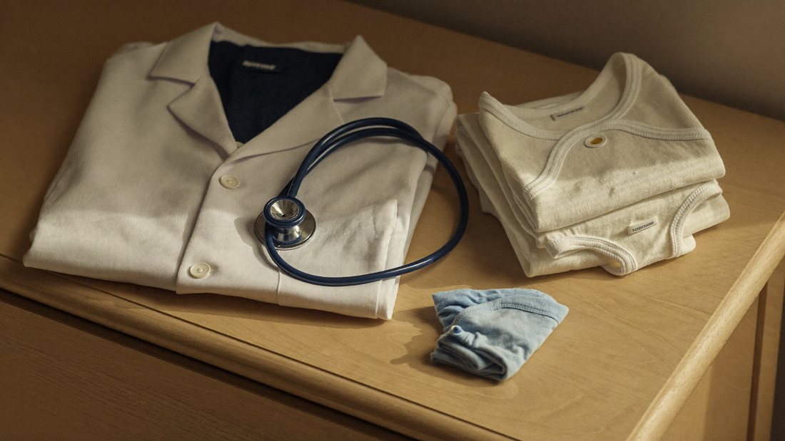 A folded white doctor's coat and stethoscope on a nursery dresser beside a stack of folded baby clothes