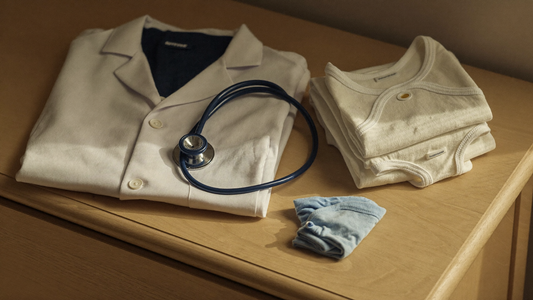 A folded white doctor's coat and stethoscope on a nursery dresser beside a stack of folded baby clothes